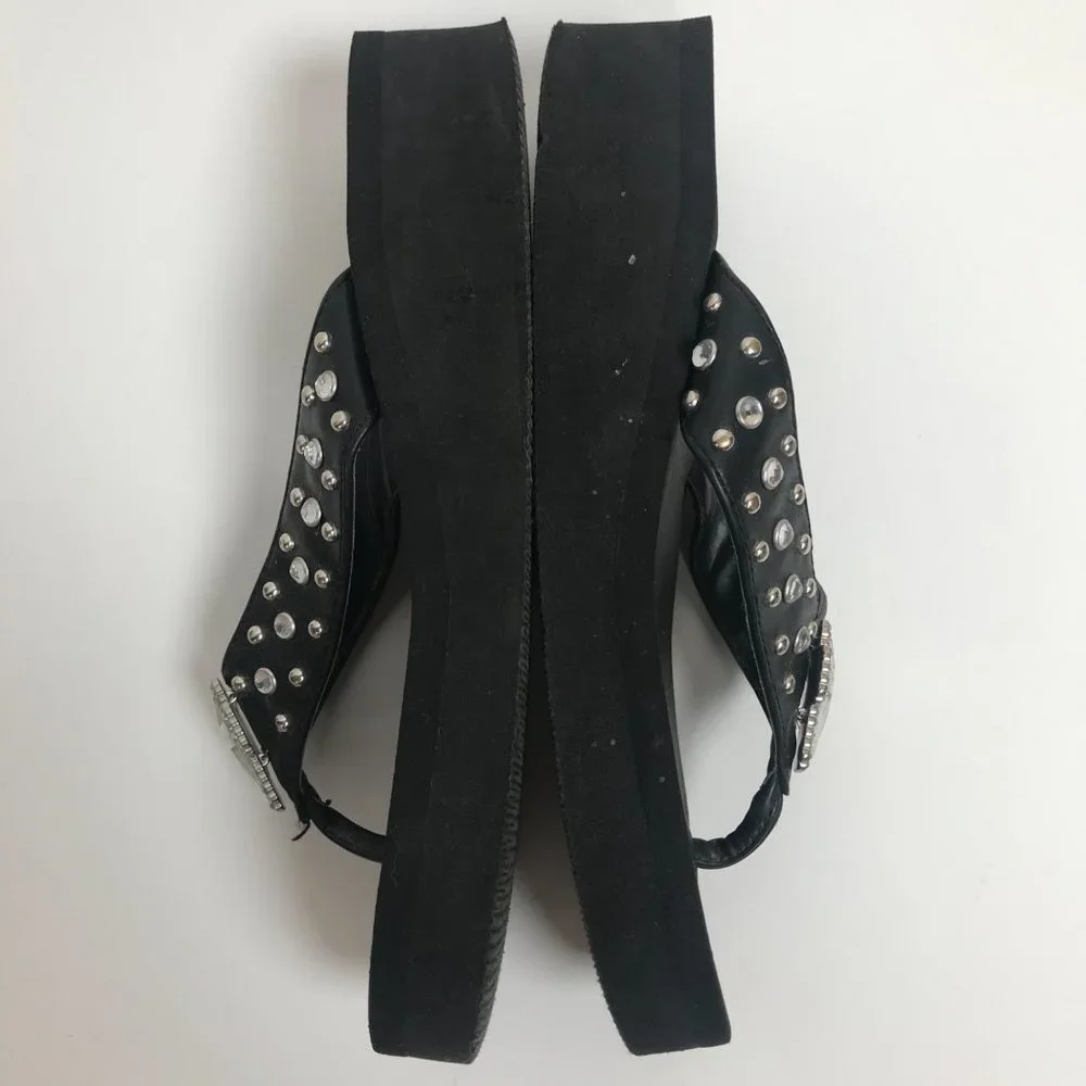 Vintage Y2K Black Biker Embellished Grunge Chunky Platform Flip Flops / Size: 7 - Picture 6 of 7